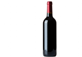 Bottle of red wine with a red label and cap, isolated on transparent background