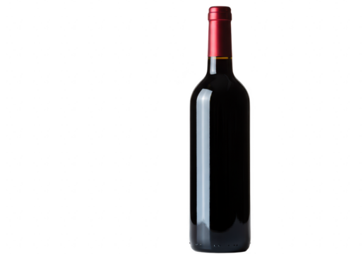 Bottle of red wine with a red label and cap, isolated on transparent background