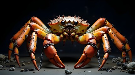 Giant Japanese Spider Crab with long spiny barnacle-covered legs and rusted iron crown welded to carapace, eerie deep-sea fantasy artwork