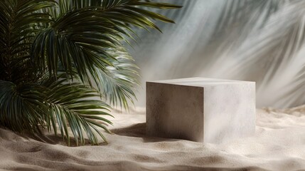Fototapeta premium Tropical backdrop with podium on sand for product display