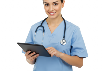 Smiling female doctor or nurse holding a tablet computer, isolated on transparent background