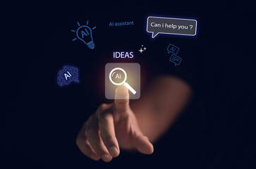 Finger touching virtual AI search icon with innovation and assistant chatbot interface, symbolizing artificial intelligence, technology ideas, digital transformation, and futuristic business solutions