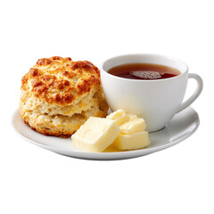 Breakfast with warm fluffy biscuits and butter concept. A delicious biscuit served with butter and a cup of tea.