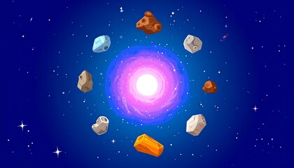 Colorful space rocks orbit a bright central object