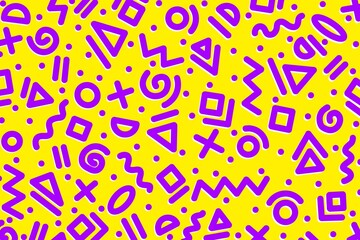 Abstract pattern with geometric shapes, wave, lines, circle, triangle, squares, confetti, dots, stripes in purple on yellow background. Memphis style or 80s & 90s retro aesthetic. Fun. Colorful 