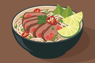 A vibrant, steaming pho bowl with succulent beef slices, fiery chili, and fresh lime wedges, presented artfully on a dark surface.
