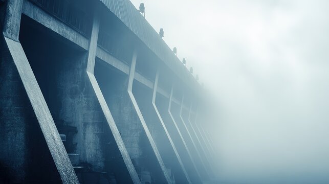 An industrial building with geometric design, enveloped in morning fog for a cool atmosphere.