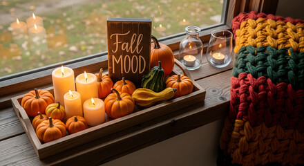 Cozy autumn window display featuring pumpkins candles and decorations