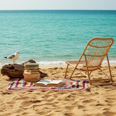 Relaxing Beach Scene with Books and Wicker Chair