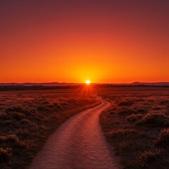 Vibrant Red Sunset Over a Desert Path