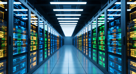 Immersive view down a data center aisle illuminated by rows of glowing server racks