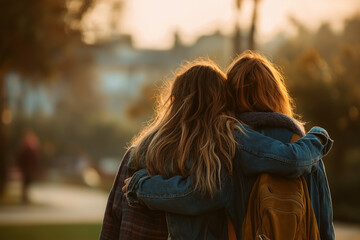 Two women hugging each other in a park during daytime with a backpack and a denim jacket on 100 char