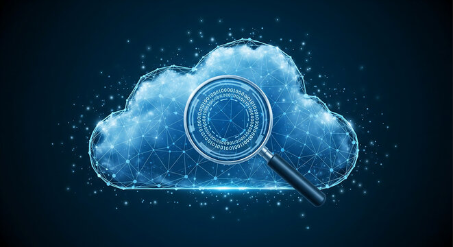 Digital cloud with magnifying glass symbolizing data analysis and cloud computing security concepts - Powered by Adobe