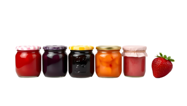 Assortment of colorful fruit jams in jars and a fresh strawberry on a transparent background