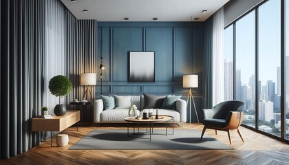 Cozy Scandinavian-Style Living Room with Wooden Wall Art, Potted Plants, and Soft Textures