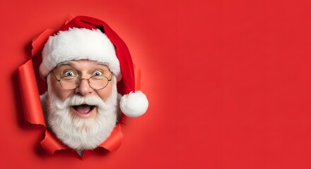 Naklejka premium Surprised santa claus peeking through a torn red paper background with excitement