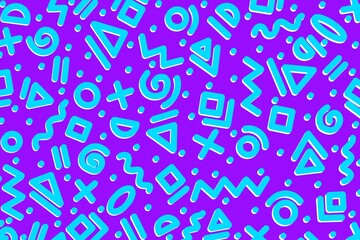 Seamless pattern in blue and purple with geometric shape circles, triangles, squares, wave, lines, plus, dots. Memphis, doodle, hand-drawn design for wallpaper, textile, packaging, print, decor, etc.