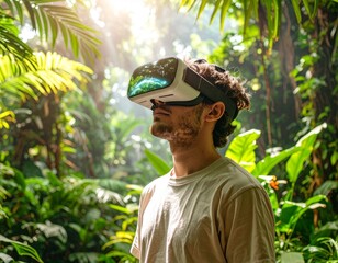 A person wearing a VR headset immersed in a virtual jungle, holographic elements and vibrant greenery, futuristic and engaging, 4K resolution