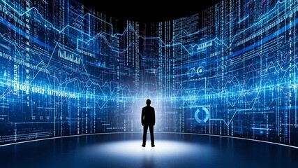A silhouette of a businessman standing in front of a massive curved screen showing big data and analytics. - Powered by Adobe