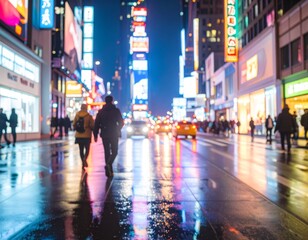 Vibrant city street at night with neon reflections