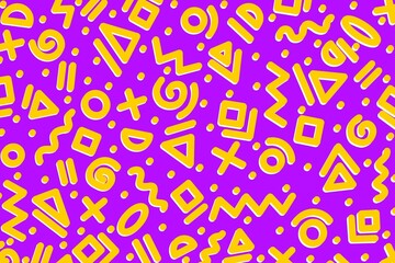 Seamless pattern in purple and yellow geometric shape circles, triangles, squares, wave, lines, plus, dots. Memphis, doodle, hand-drawn design for wallpaper, textile, packaging, print, decor, etc.