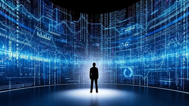 A silhouette of a businessman standing in front of a massive curved screen showing big data and analytics.