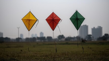 Three kites in yellow, red, and green fly in the sky.
