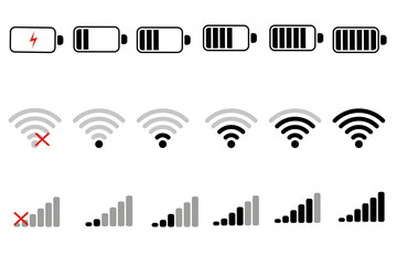 wireless network icon, Set of Wi-Fi icon, set of Mobile phone signal,battery icons, wi-fi, status bar symbol icon, set of battery icons, wifi icons set, mobile signals icon set,	