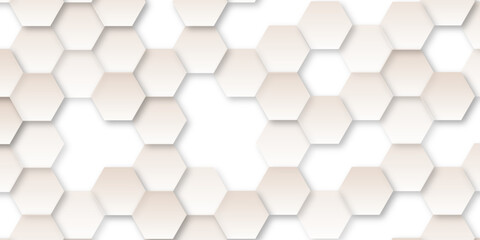 The hexagons are arranged in a layered three-dimensional effect with varying shades of white and light gray design a modern abstract background composed of a repeating hexagonal pattern.