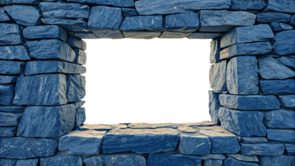 Dark blue stone wall with irregular rectangular opening and weathered stone blocks, isolated on a transparent background