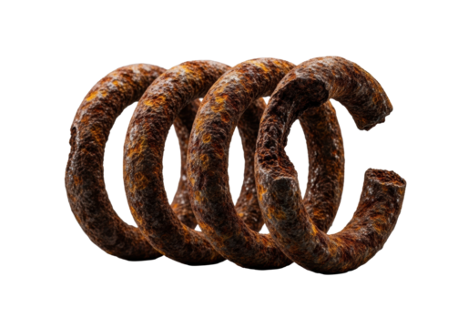 Macro close-up of a corroded, rusted helical spring, coils fused by textured reddish-brown rust on a transparent background. Concept of industrial decay and material entropy