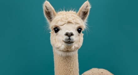 A cute and fluffy young alpaca portrait, looking curiously at the camera on a vibrant teal background.

