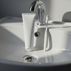 Minimalist Bathroom Scene: Toothpaste Tube and Toothbrush on a White Sink, Morning Routine