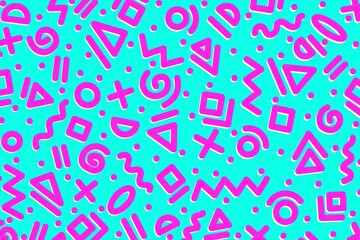 Abstract pattern with geometric shapes, wave, lines, circle, triangle, squares, confetti, dots, stripes in bright pink on a turquoise background. Memphis style or 80s & 90s retro aesthetic.