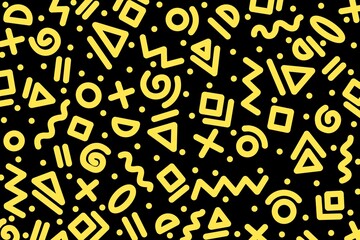 Abstract playful memphis or doodle style design pattern with geometric shape circles, triangles, squares, wave, lines, plus, dots in yellow on black background for print, fabric, decor, etc.