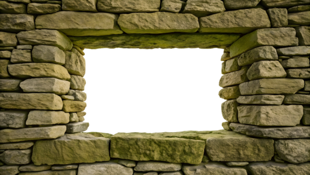Moss-covered limestone wall with arched stone lintel and rustic rectangular opening, isolated on a transparent background