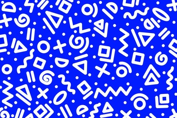 Seamless pattern in blue and white background with geometric shape circles, triangles, squares, wave, lines, plus, dots. Memphis, doodle, hand-drawn design for wallpaper, textile, wrapping, etc.