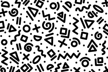 Seamless black and white geometric pattern with circles, triangles, squares, wavy lines, plus signs, and dots. Black and white background or wallpaper with Hipster memphis style. 80s.