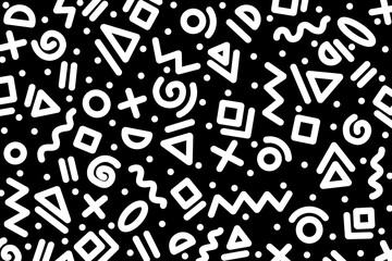 Abstract seamless black and white geometric pattern background with circle, line, triangle, squares, confetti, dots, stripes, polka, wave, zigzag . Hipster memphis style or 80s & 90s retro.