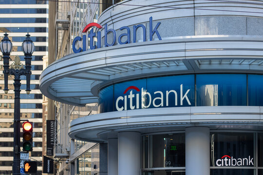San Francisco, CA, USA - Nov 25, 2023: Exterior view of a branch of Citibank at 99 Post Street in the Financial District of San Francisco, California.