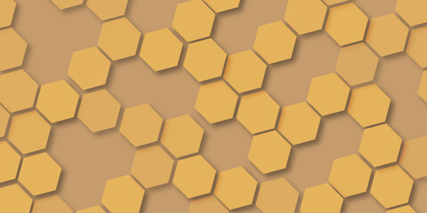 The warm color palette dominated by various shades of brown and orange the hexagons are a lighter shade of orange-brown uses shadows to create a sense of depth.