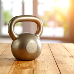 Fototapeta premium Kettlebell on wooden table, blurred background