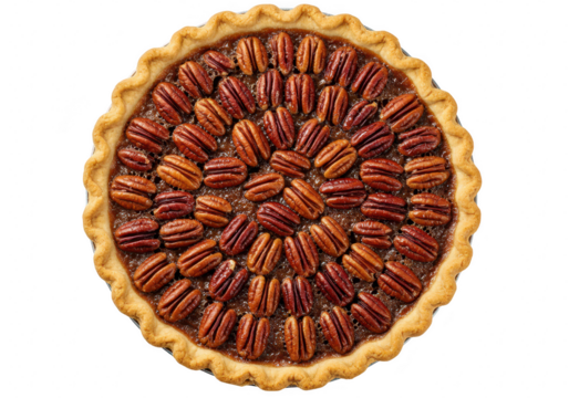 A whole pecan pie with a golden brown flaky crust, filled with arranged pecans, isolated on a transparent background