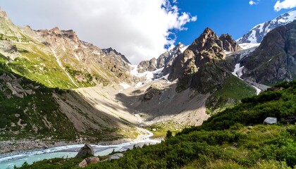 Mountain Valley Glacier Landscape, Sunny Day