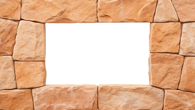 Light brown natural stone brick frame border with rectangular white opening center space, isolated on a transparent background