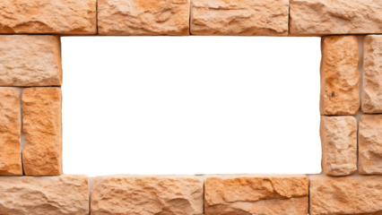 Beige natural stone brick wall frame border with large rectangular white center opening, isolated on a transparent background
