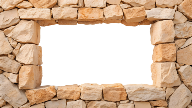 Natural beige limestone brick wall frame border with rectangular white opening center space, isolated on a transparent background