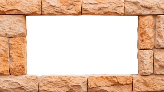 Beige natural stone brick wall frame border with large rectangular white center opening, isolated on a transparent background