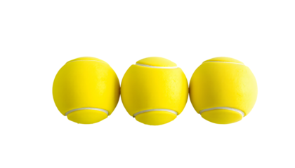 Three bright yellow tennis balls arranged in a row on a transparent background.
