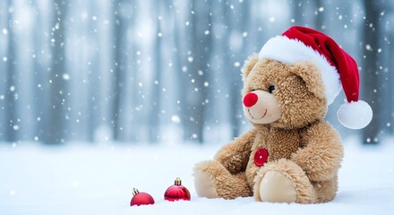 Adorable teddy bear wearing a santa hat sits in the snow with festive ornaments